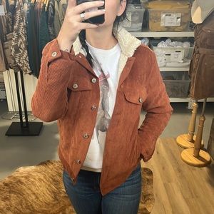 Rust Corduroy Bomber Jacket with Sherpa Lining